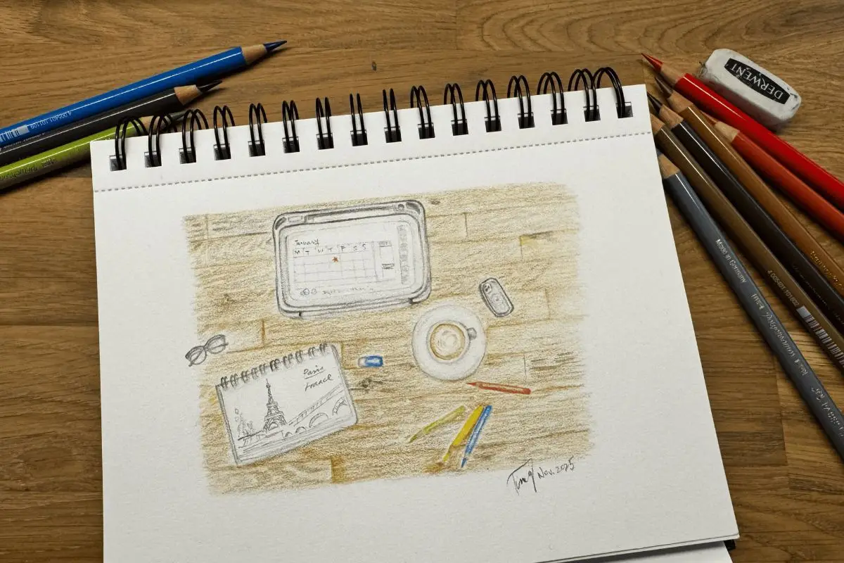 Drawing desk with pencils